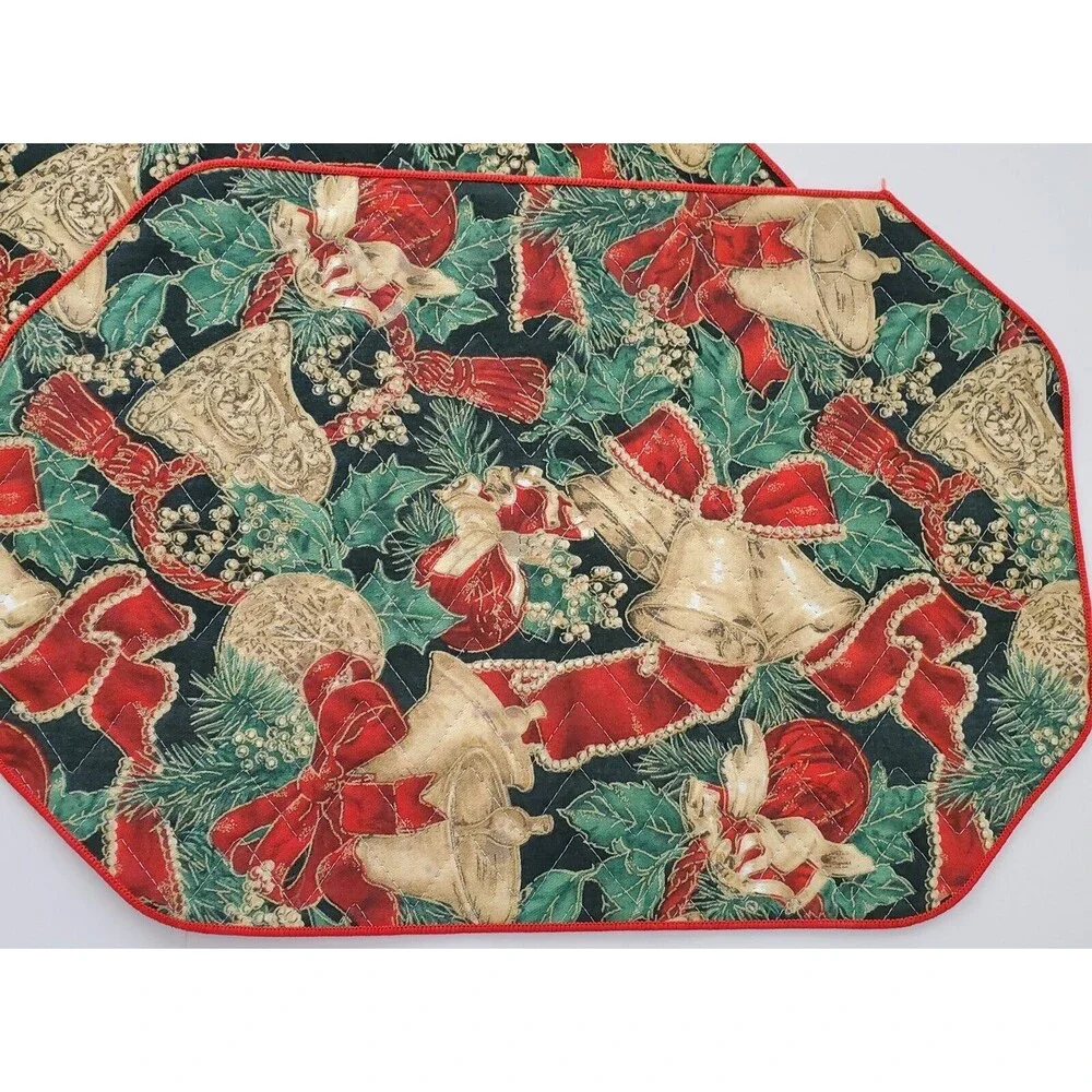 Vintage Placemats 4 Quilted Christmas Bells Red Green Black Gold Octagon 17x12